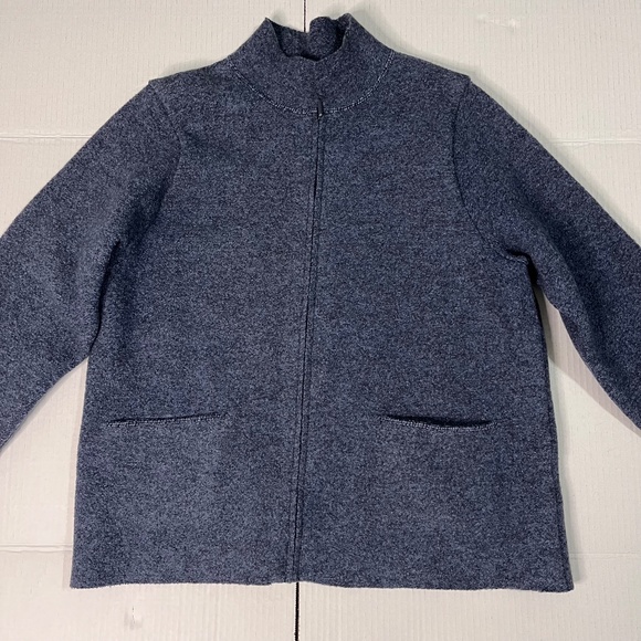 Eileen Fisher womens sz M zip front, 100% wool cardigan, blue/gray, Like New - Picture 3 of 11